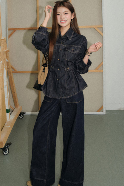 Waist-Cinching Denim Shirt and Flared Jeans Set-Up