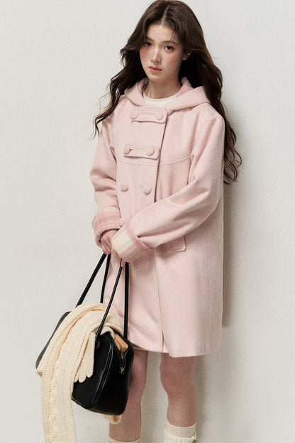 Cappotto doppiopetto con cappuccio a quadri rosa e color crema