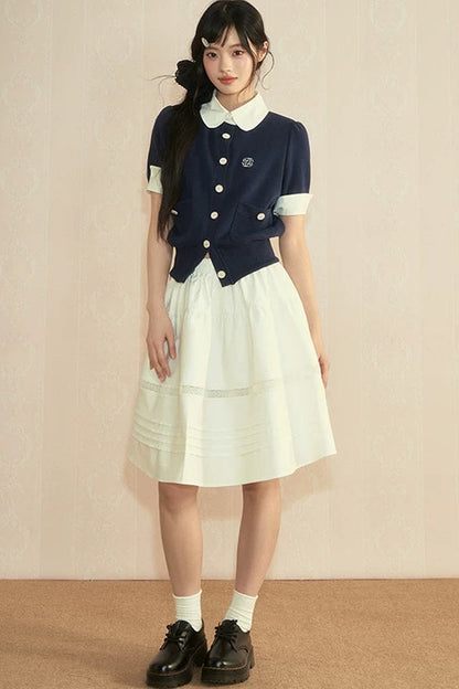 Color-Block Knit Cardigan and Pleated Skirt Set-Up