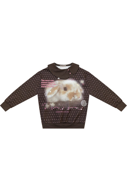Polka Dot Rabbit Print Doll Collar Sweatshirt