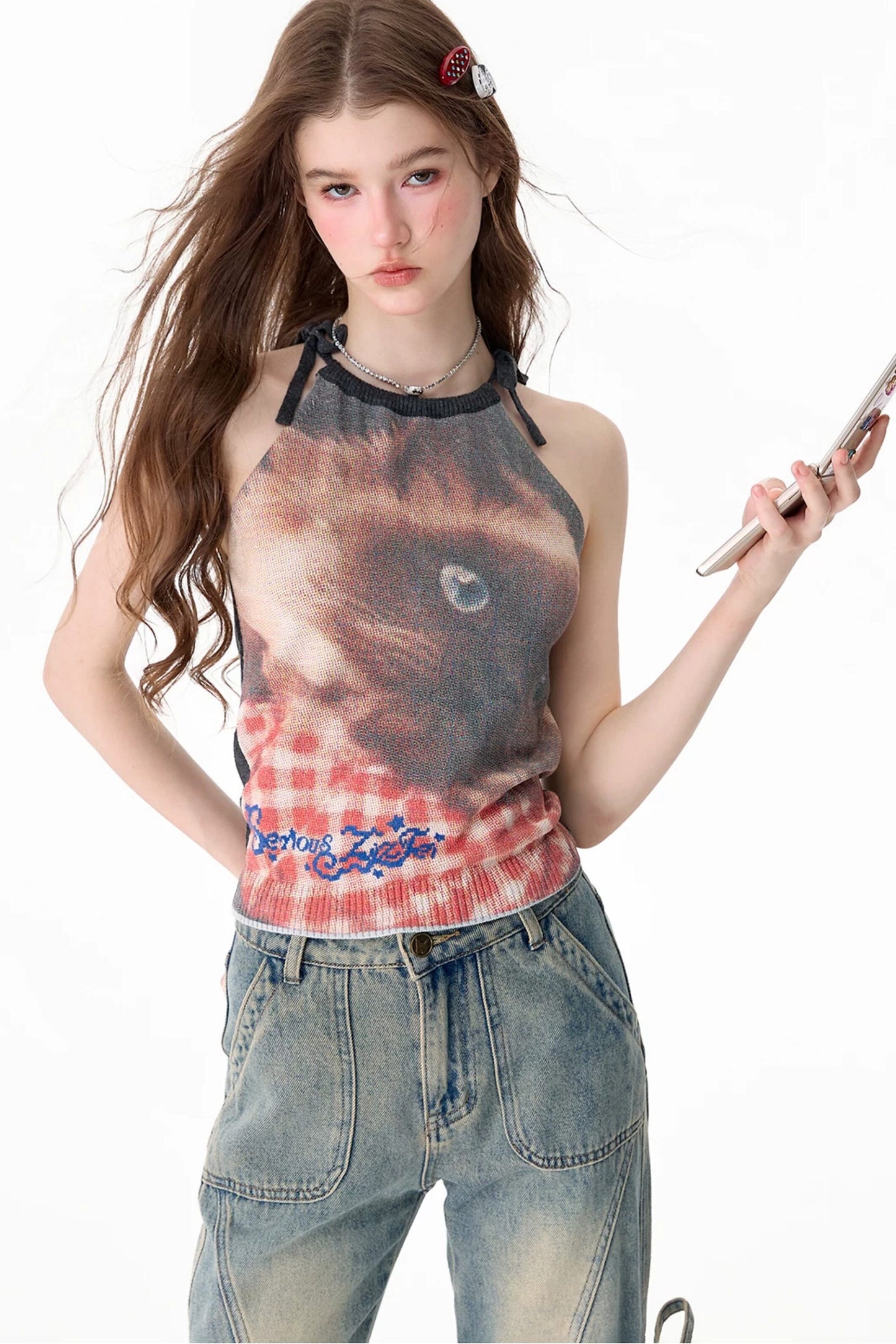 Lazy Style Cat Print Strappy Top