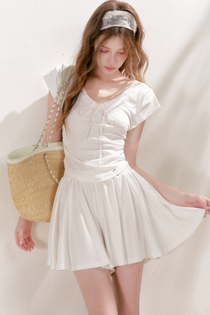 Lace Trim Tie-Up Top and High-Waisted Skirt Pants Set