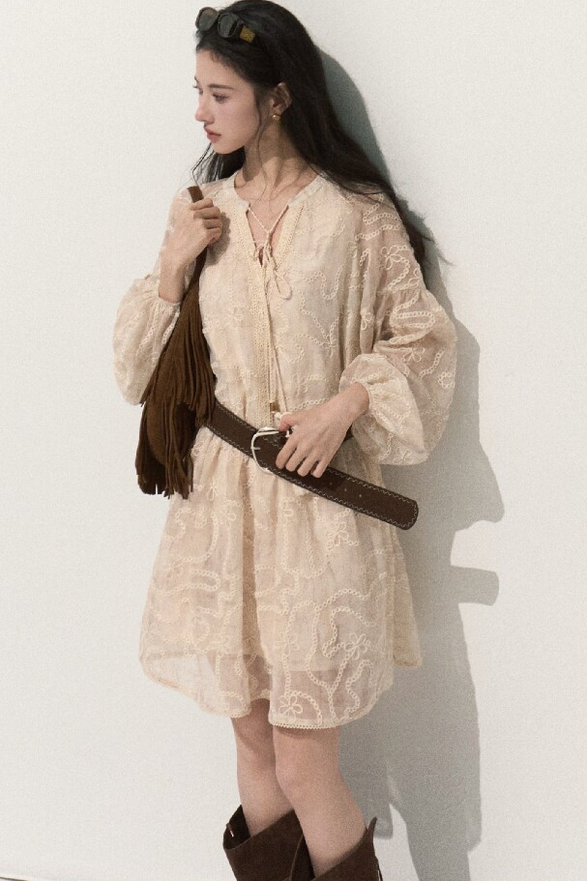 Long Sleeve Embroidered Jacquard Dress