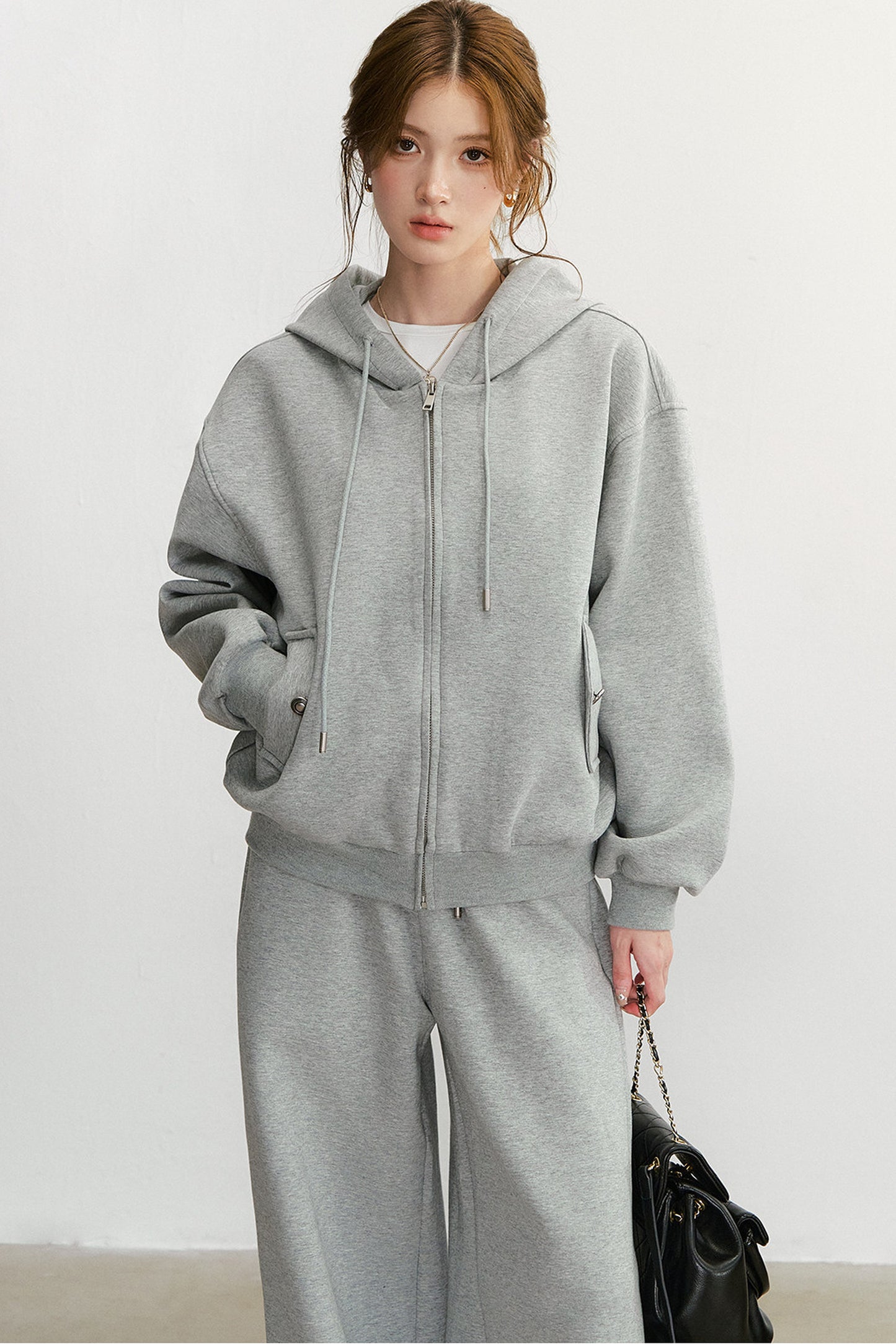 Embroidered Hooded Cardigan Sweatshirt and Wide-Leg Pants Set-Up