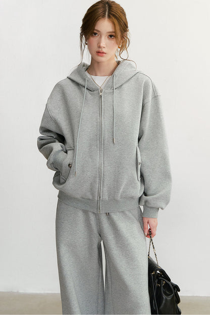 Embroidered Hooded Cardigan Sweatshirt and Wide-Leg Pants Set-Up