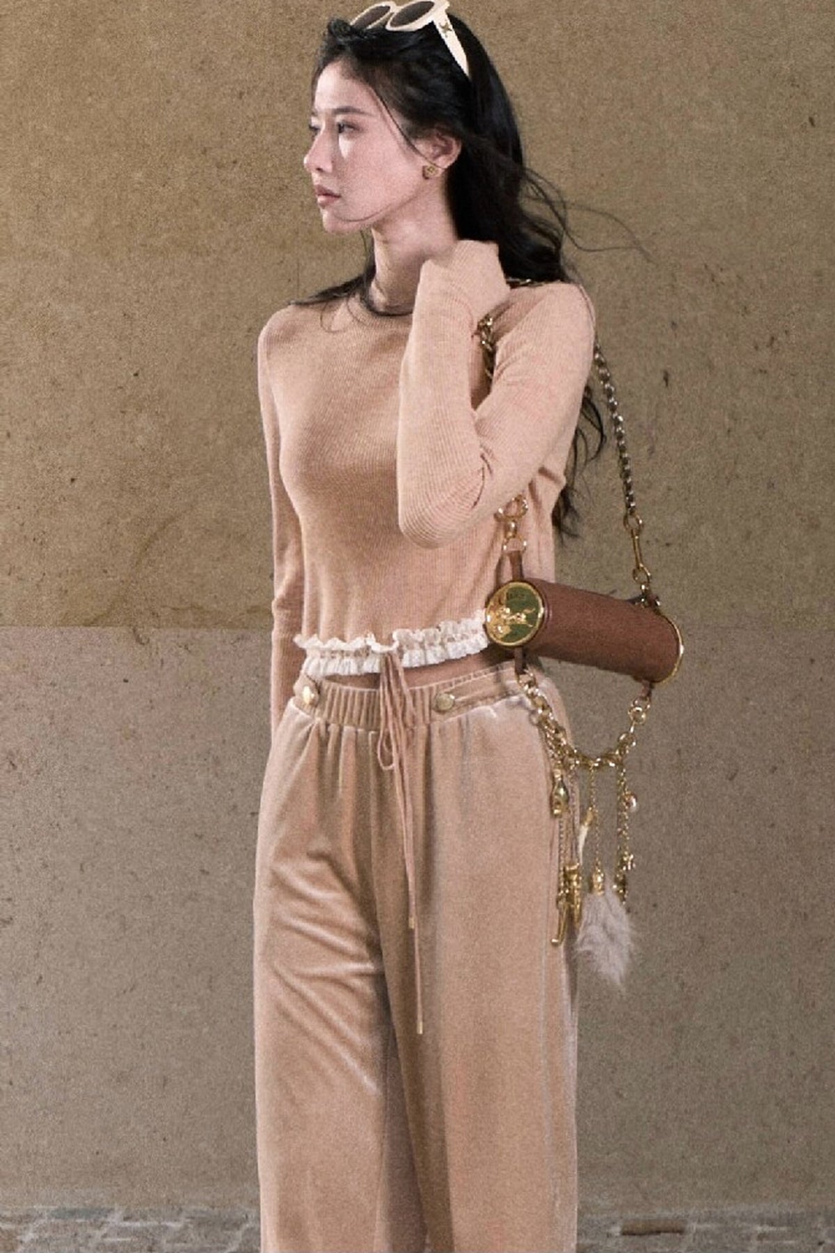 Lace Knit Long-Sleeve Top and Drape Velvet Straight-Leg Pants Set-Up