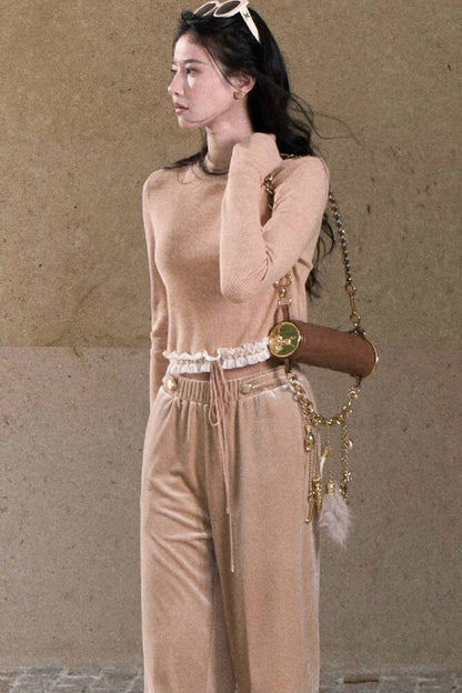 Lace Knit Long-Sleeve Top and Drape Velvet Straight-Leg Pants Set-Up