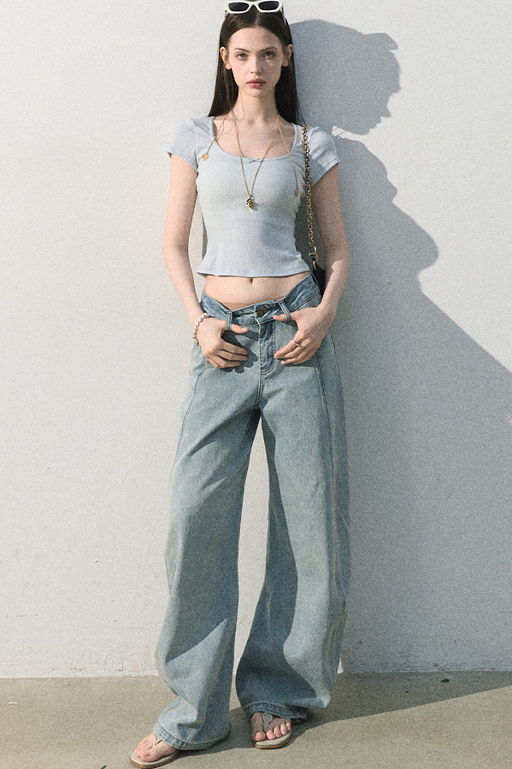Pantaloni vintage in cotone effetto consumato a gamba larga