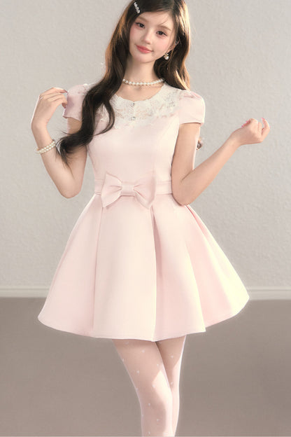Satin Embroidery Bow A-Line Dress
