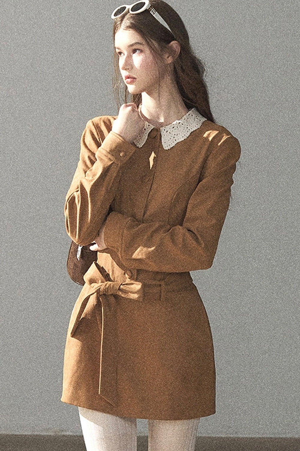 Faux Suede Lace Collar Short Dress