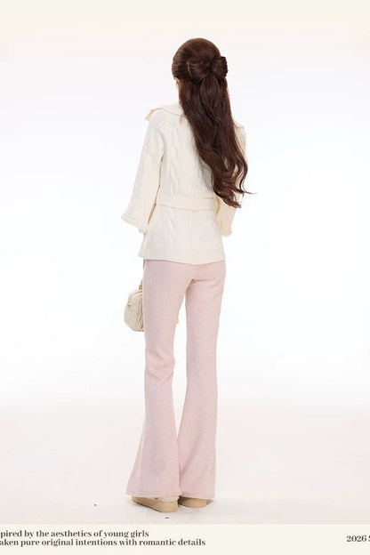 Faux Rabbit Fur Collar Sweater and Knit Flared Pants Set