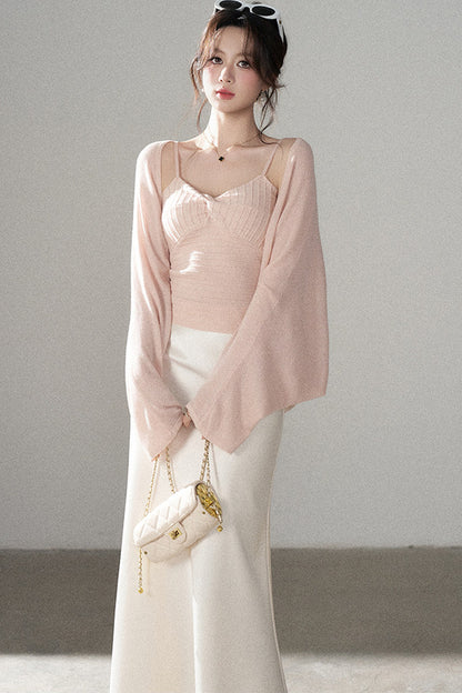 V-Neck Knitted Cardigan and Camisole Set-Up