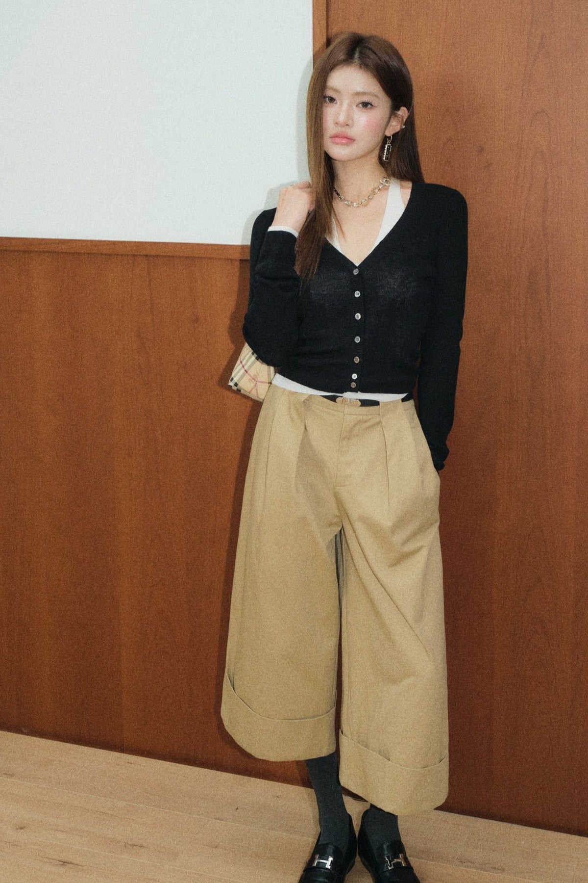 Layered-Look Top and High-Waisted Khaki Wide-Leg Cuffed Pants Set-Up