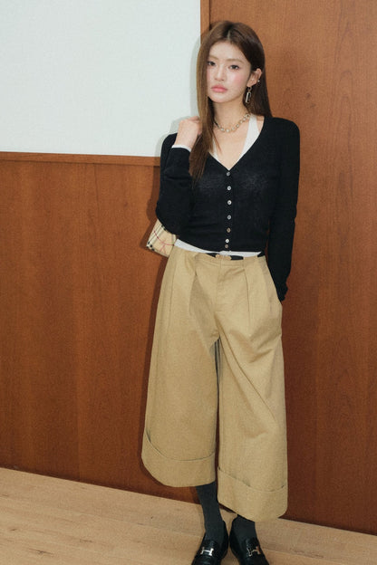 Layered-Look Top and High-Waisted Khaki Wide-Leg Cuffed Pants Set-Up