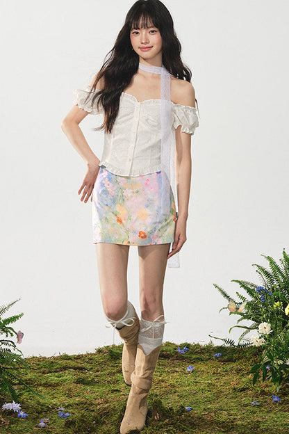 Cropped One-Shoulder Puff Sleeve Blouse