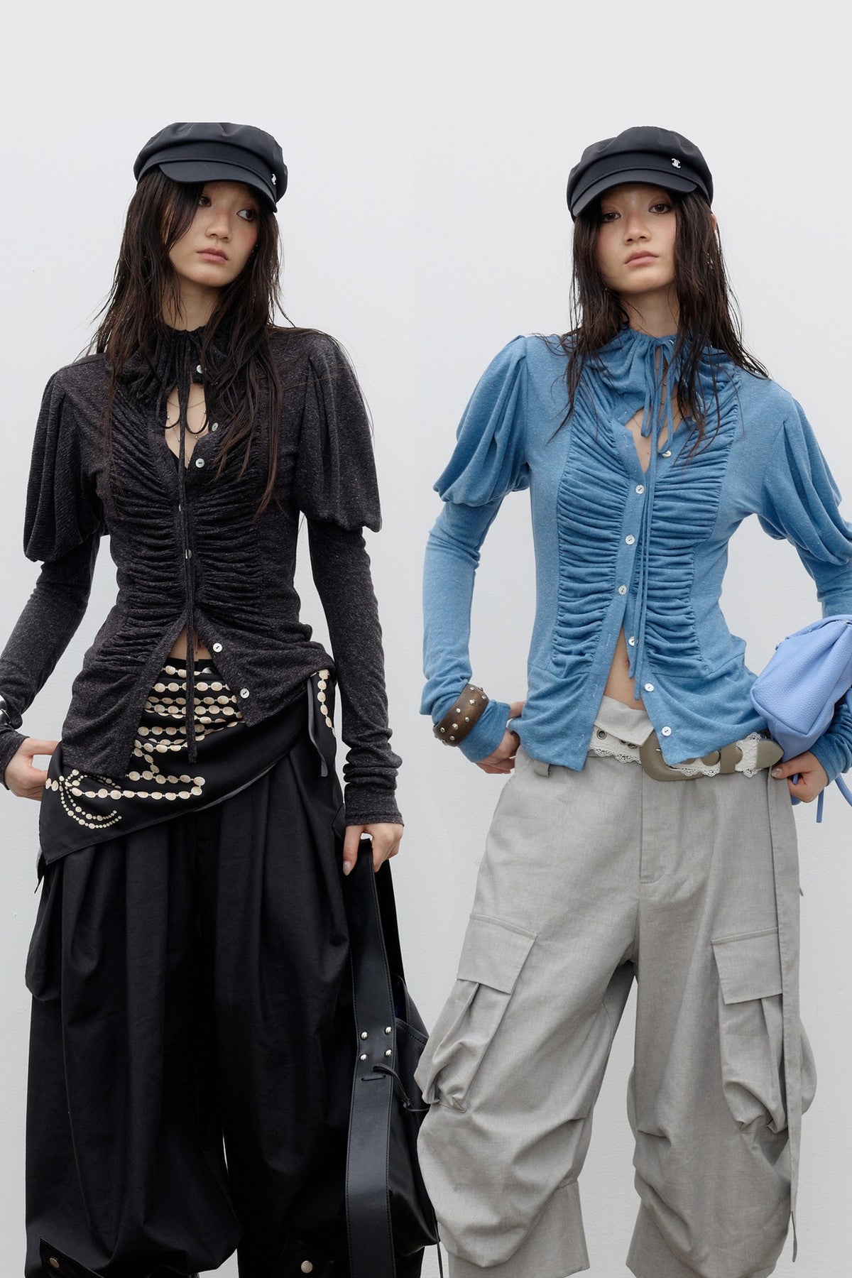 Pleated High-Neck Knit Top