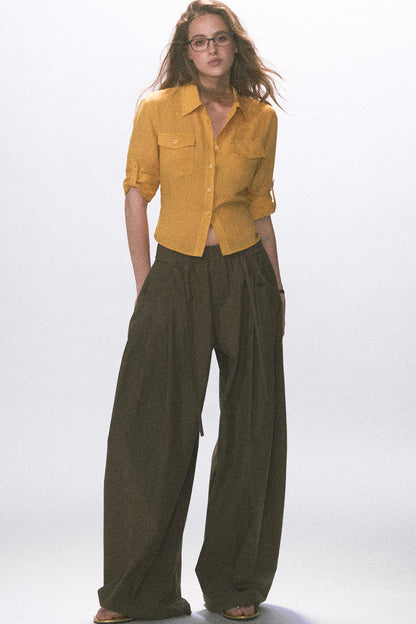 Wrinkled Twill Wide-Leg Pants