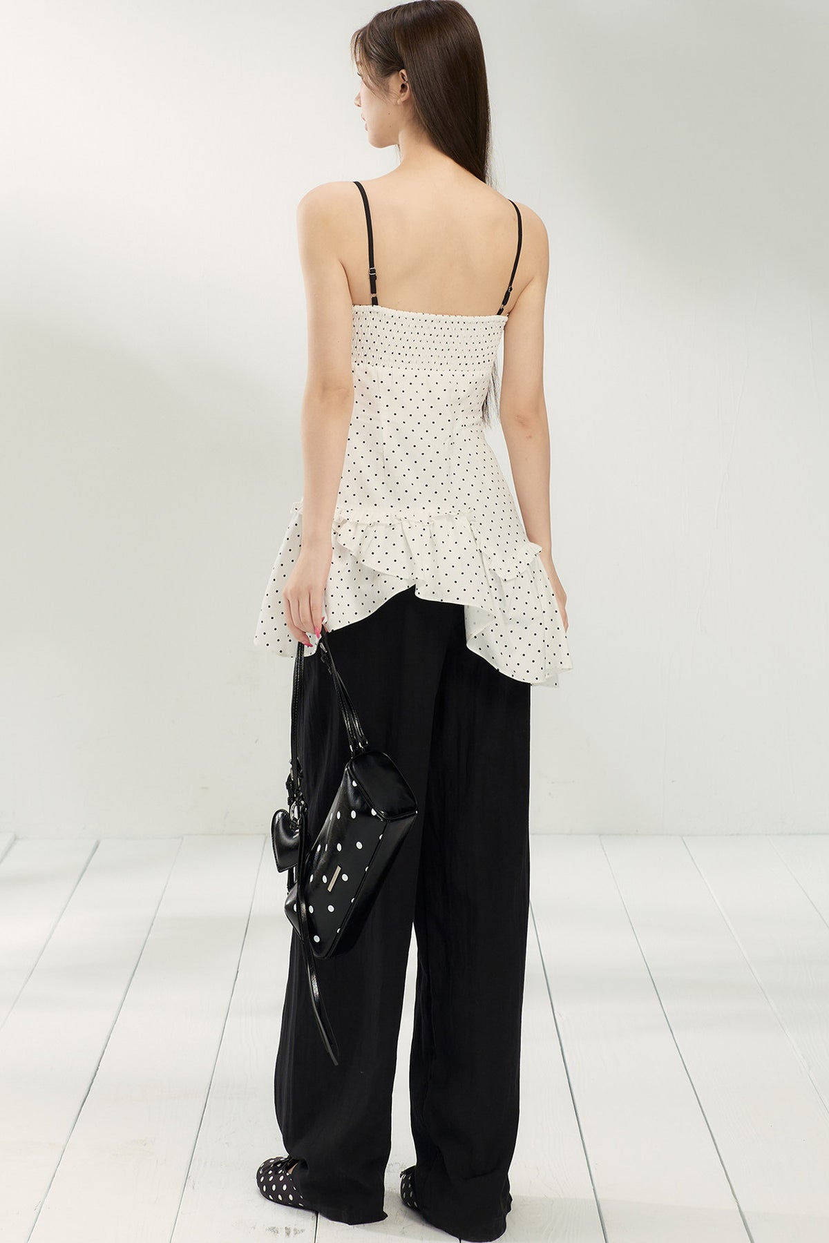 Ensemble caraco et pantalon blanc à pois