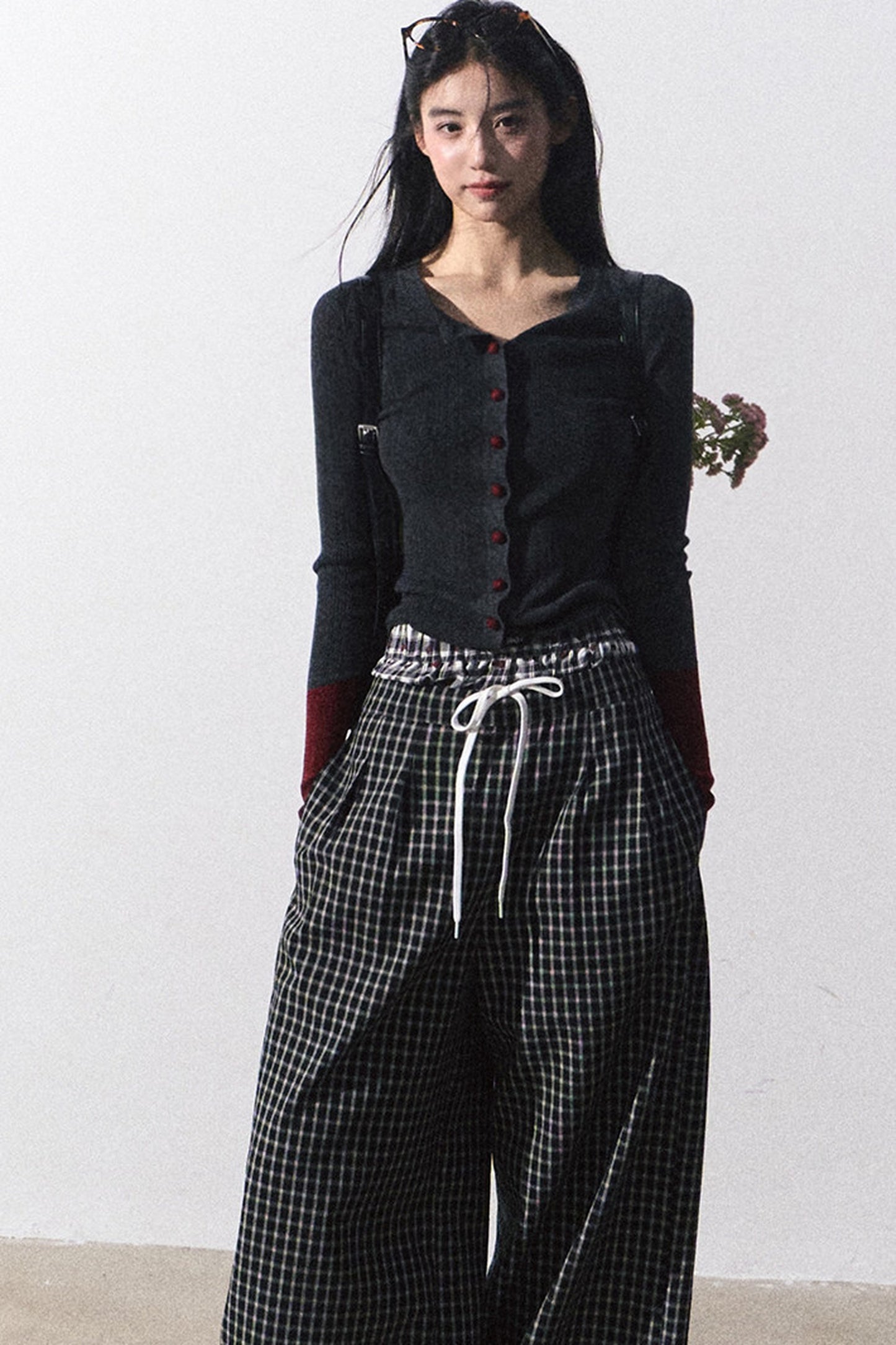 Drawstring Plaid Wide-Leg Pants