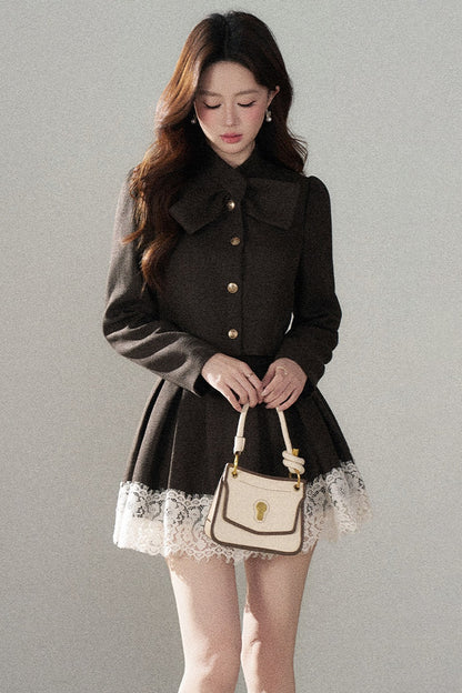 Coffee Lace Splicing Jacket and Skirt Set-Up