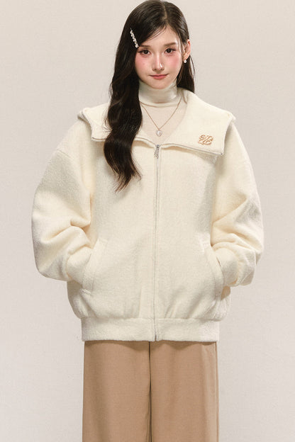 White Looped Wool Hooded Jacket