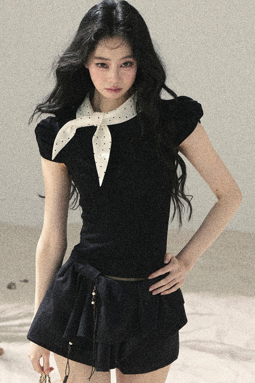 French Polka Dot Bow Puff Sleeve Top