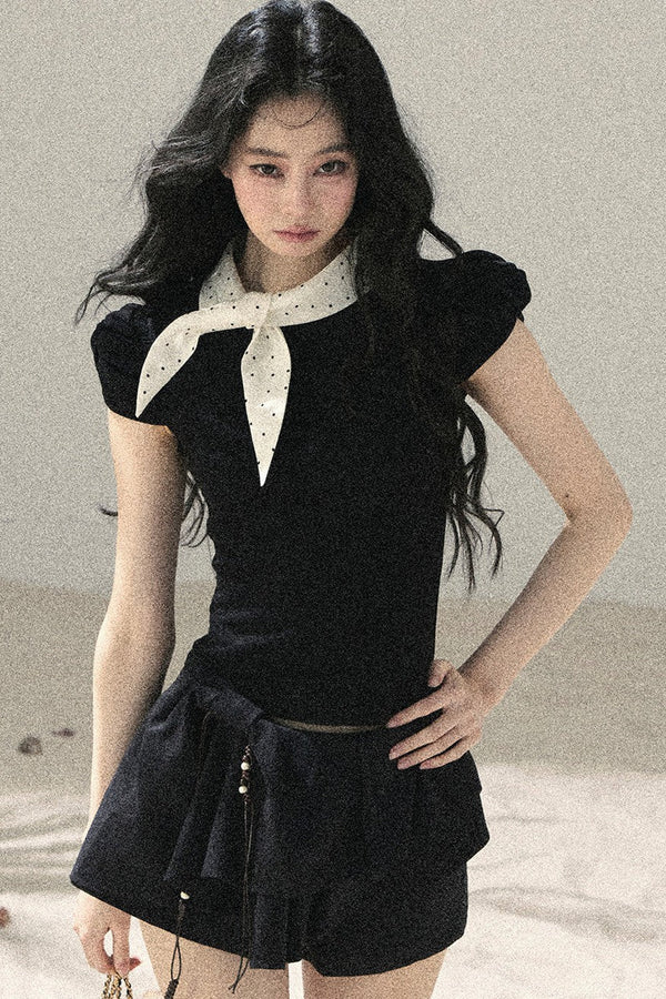 French Polka Dot Bow Puff Sleeve Top