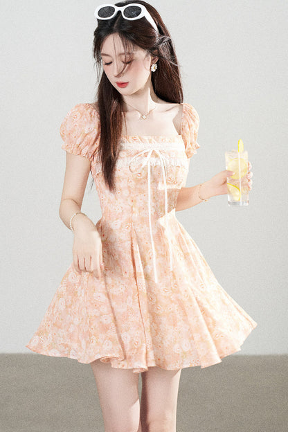 Square-Neck Floral Puff-Sleeve Chiffon Dress