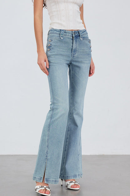 Heart Button Slit Flared Jeans
