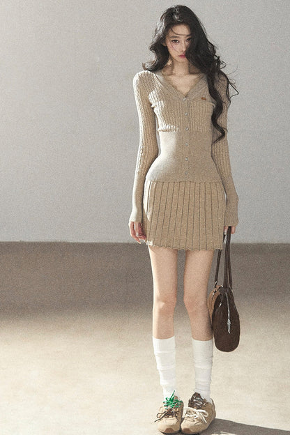 Oatmeal Knit Cardigan and Ribbed Skirt Set-Up