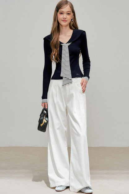 Navy Collar Striped Patchwork Tee