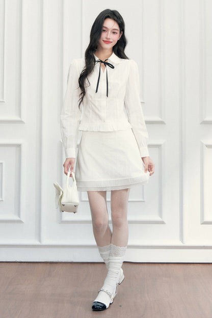 Preppy Jacquard Long-Sleeved Shirt and Skirt Set-Up