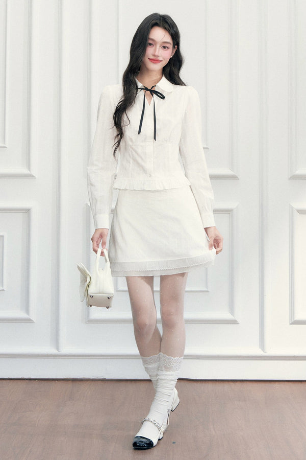 Preppy Jacquard Long-Sleeved Shirt and Skirt Set-Up