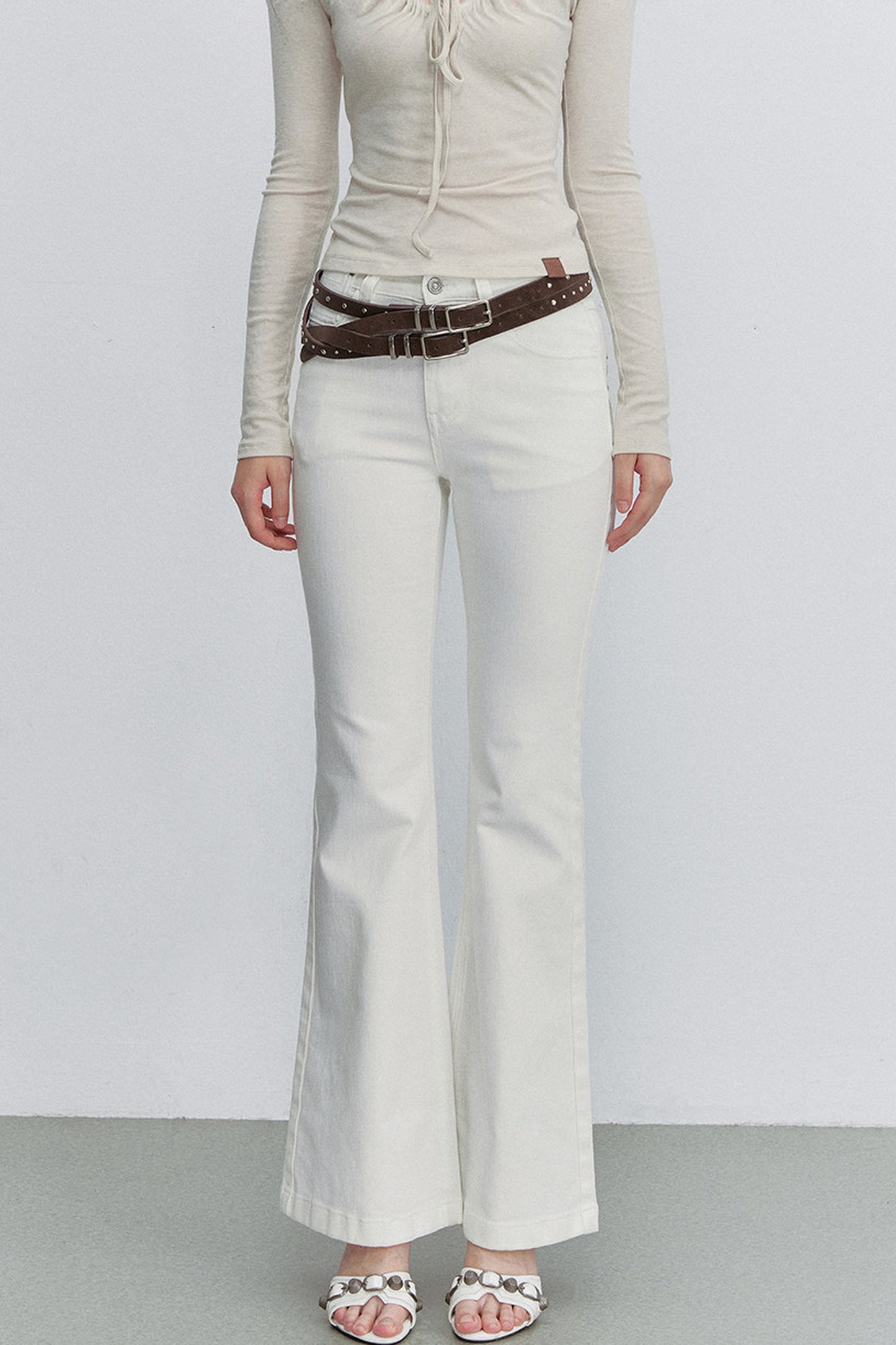 White Bamboo Texture Flared Denim Pants