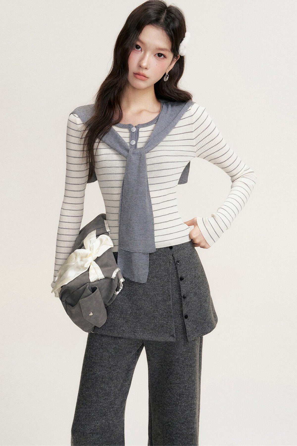 Striped Shawl Collar Long Sleeve Knit Sweater
