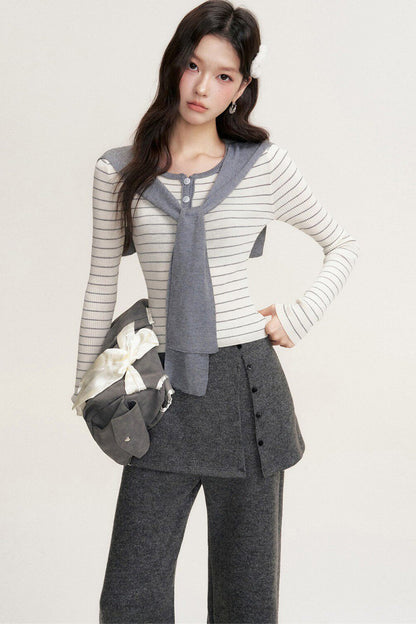 Striped Shawl Collar Long Sleeve Knit Sweater