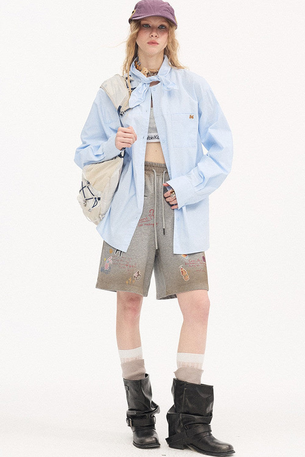 Camicia ricamata a maniche lunghe in stile preppy