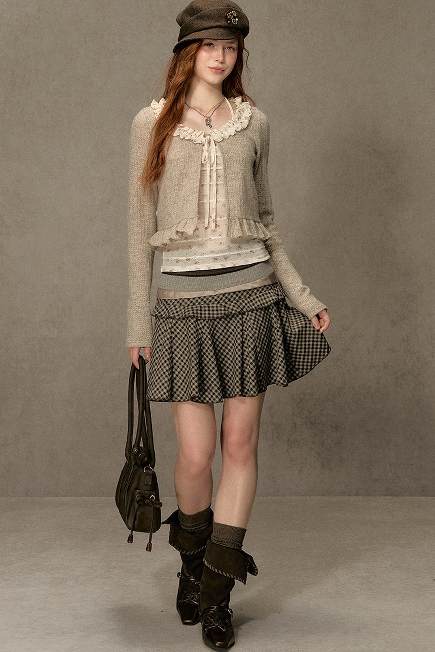 Ruffled Knit Cardigan With Camisole