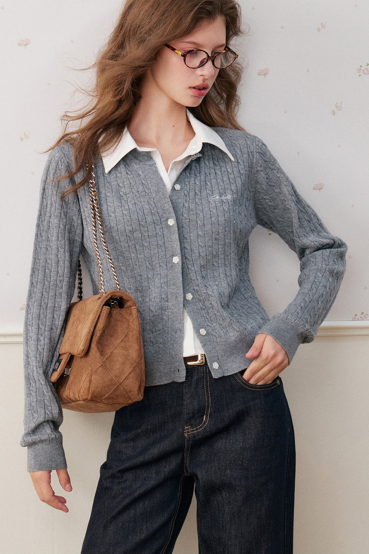 Wool Blend Spliced Shirt Cable Knit Cardigan