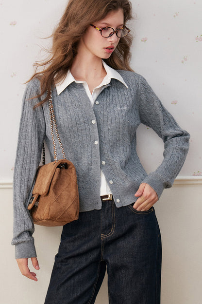 Wool Blend Spliced Shirt Cable Knit Cardigan