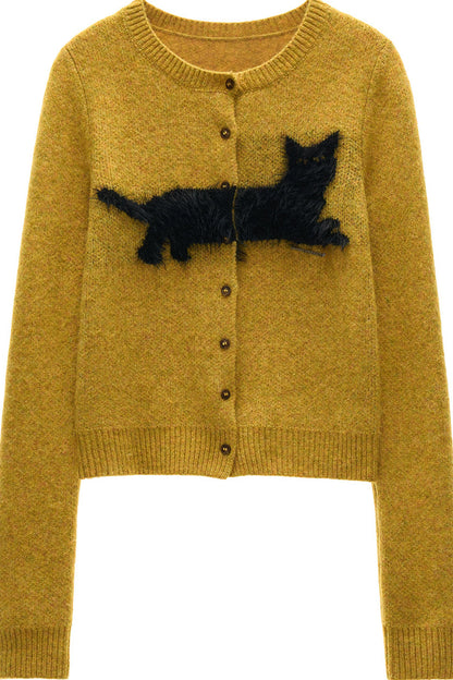 Cat Jacquard Button Knit Cardigan