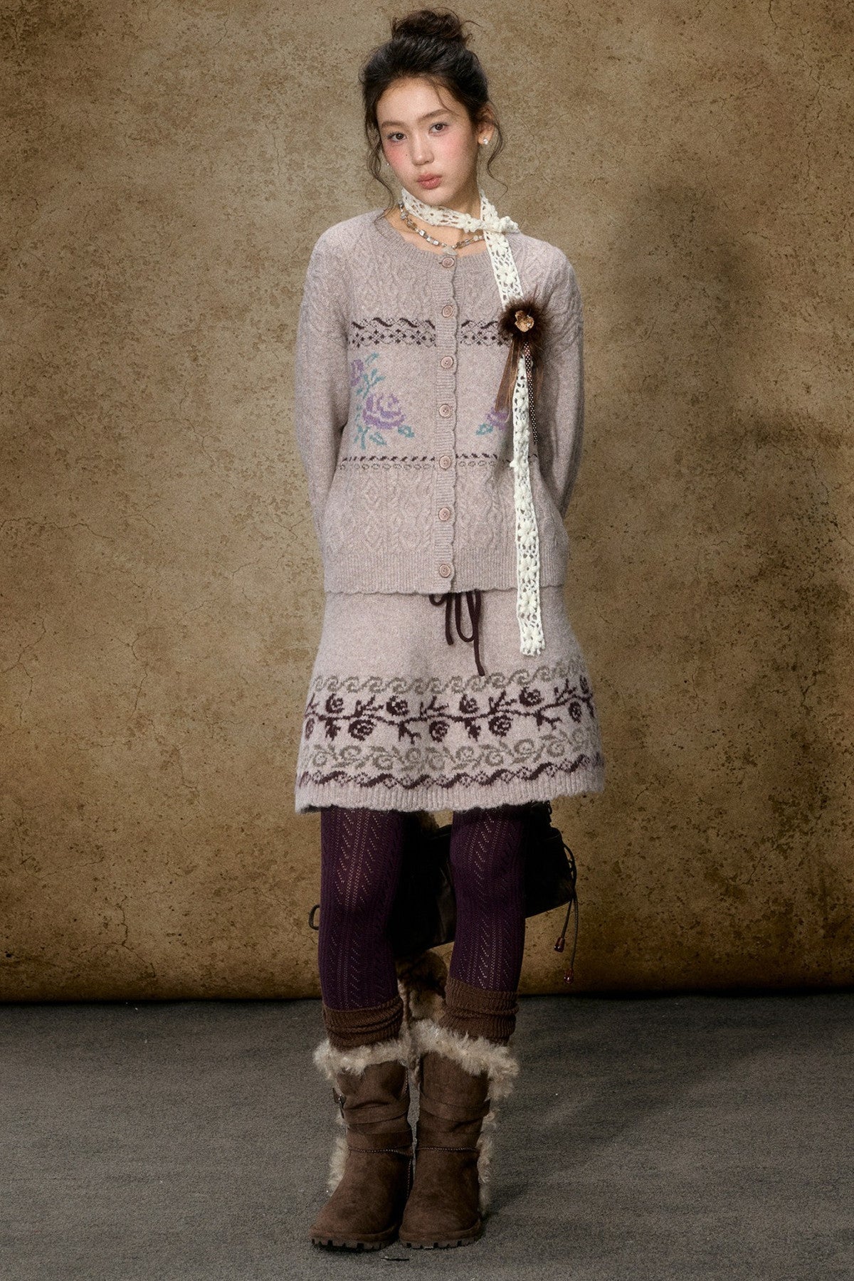 High-Waisted Floral Jacquard Knit A-Line Drawstring Skirt Set-Up