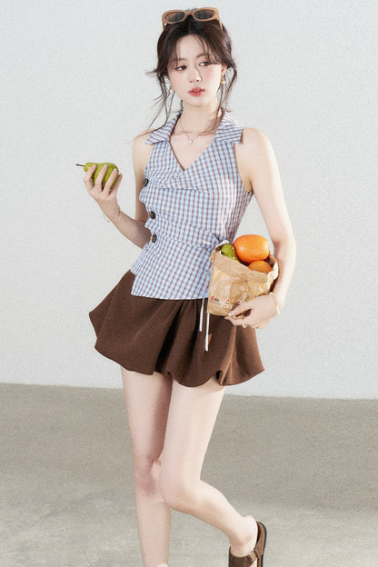 Blue Plaid Sleeveless Halter Shirt and Irregular Hem Skirt Set-Up