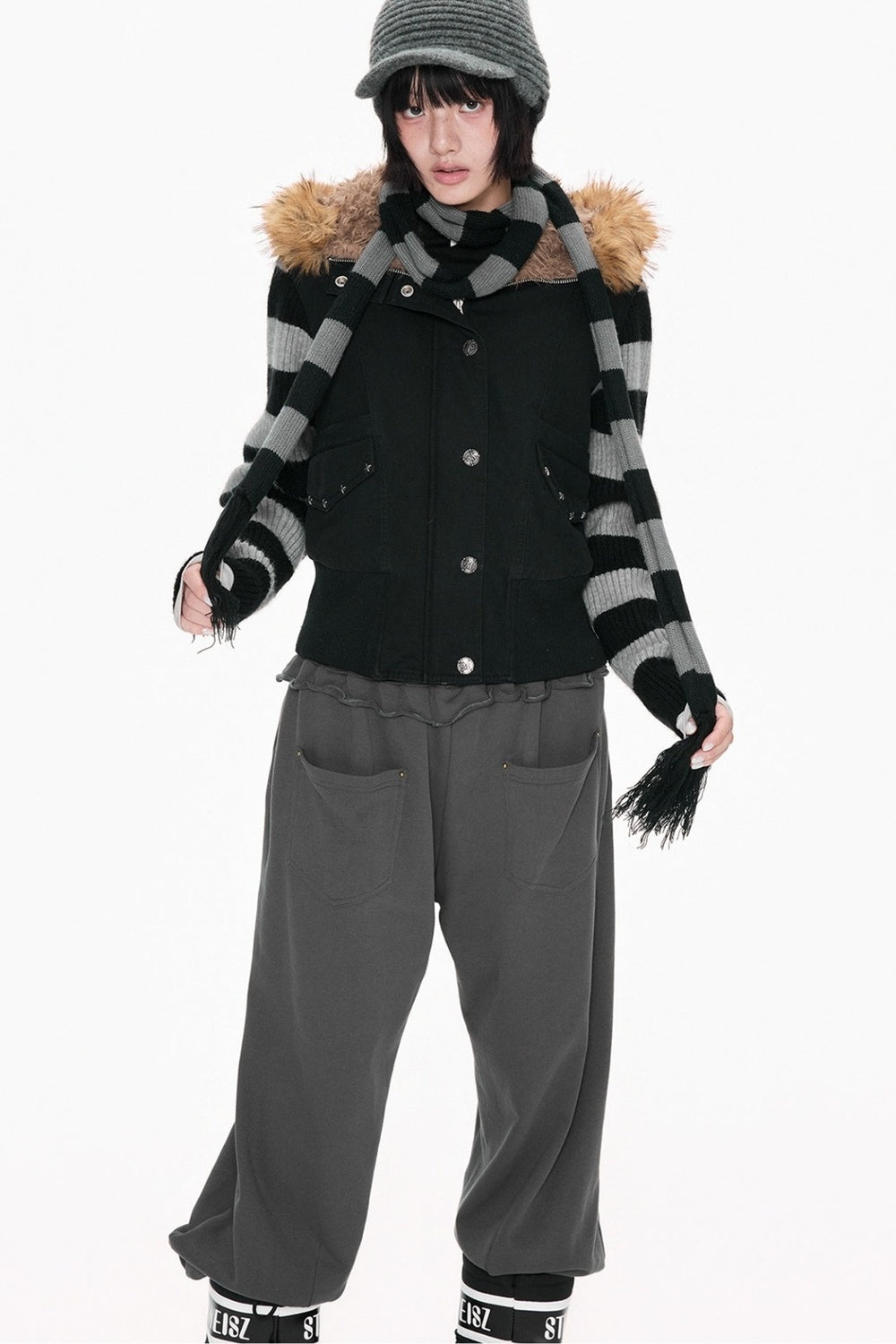 Fur Collar Hooded Striped Jacket
