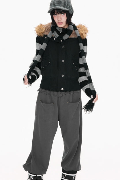 Fur Collar Hooded Striped Jacket