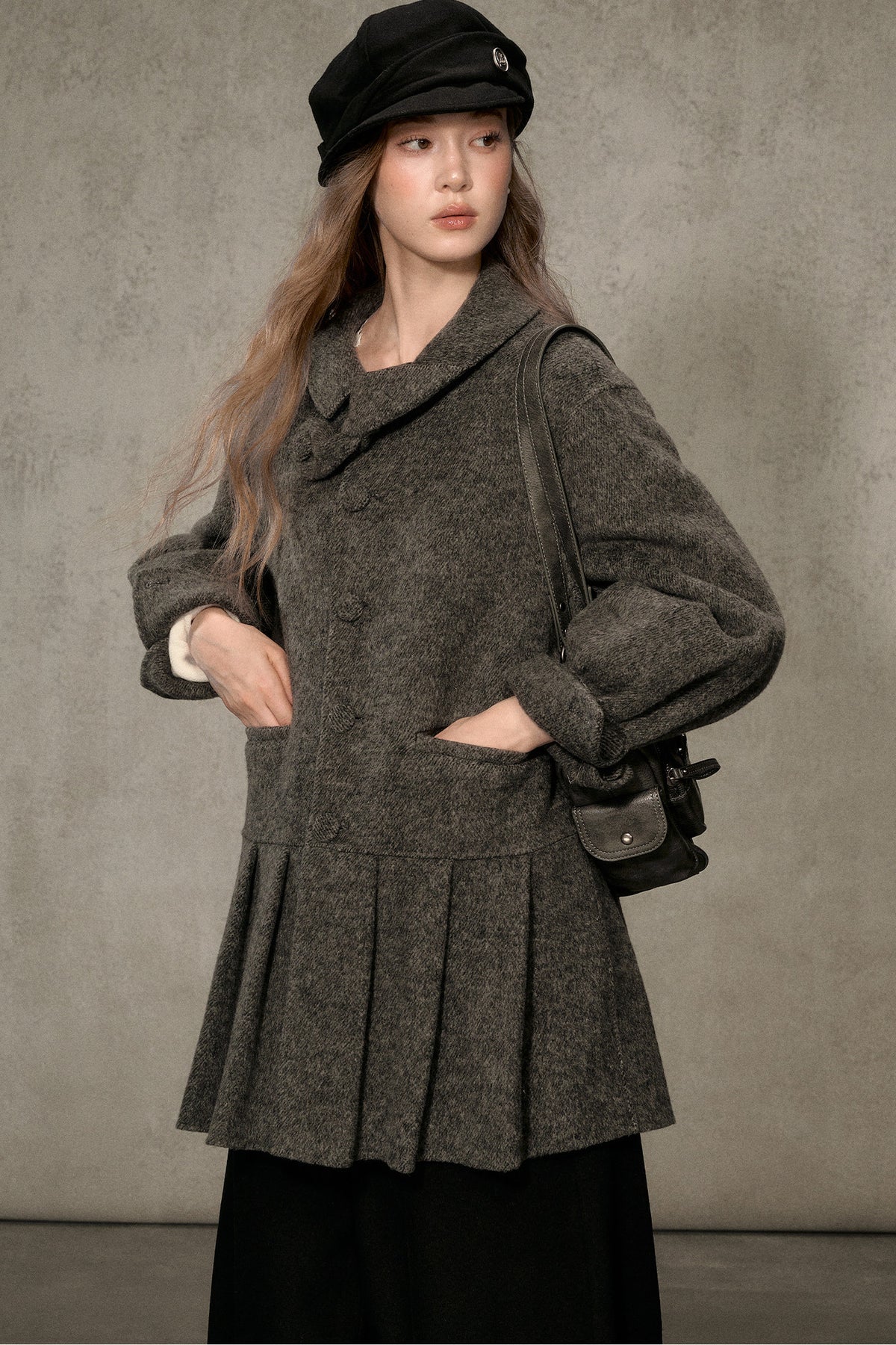 70% Wool Blend Double-Sided Pleated Coat