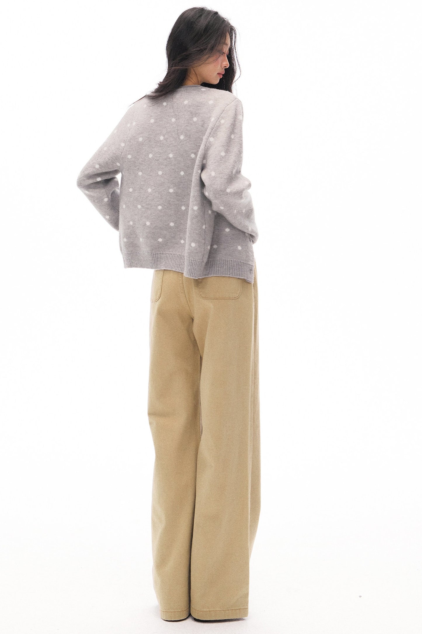 Gray Cardigan and Khaki Flared Jeans Set-Up