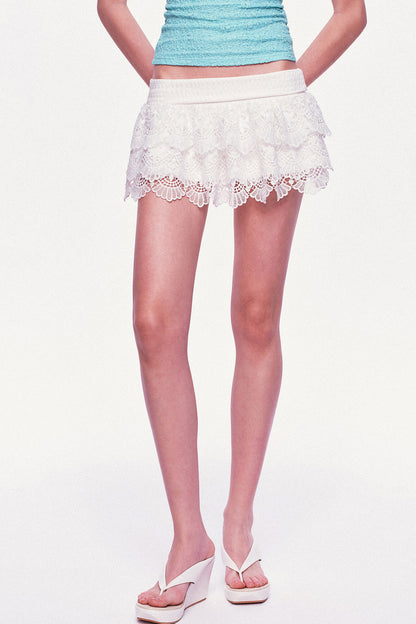 White Multi-Layered Ruffle Lace Mini Skirt