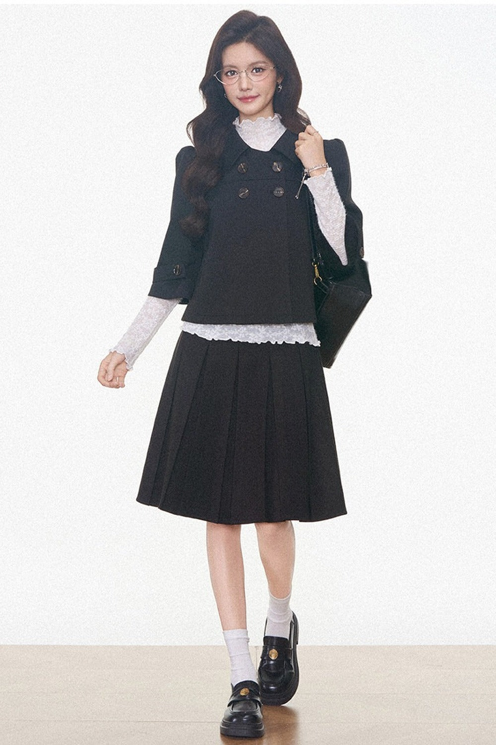 Double-Breasted Woolen Jacket With Midi Skirt and Pants Set-Up
