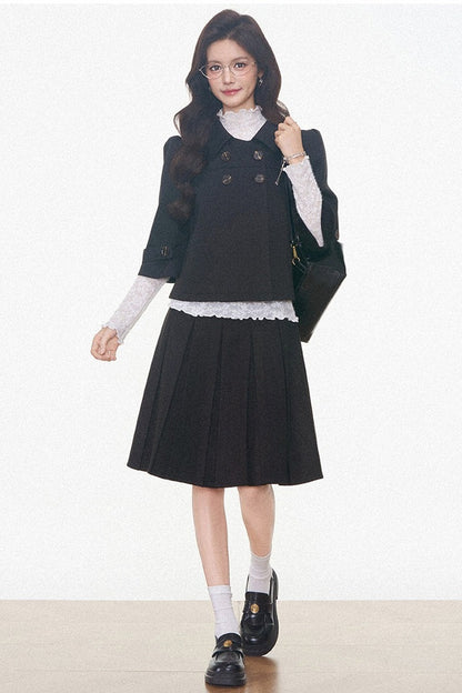 Double-Breasted Woolen Jacket With Midi Skirt and Pants Set-Up